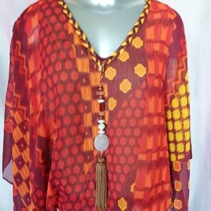 Multi-color Blouse with Sheer Overlay and Necklace